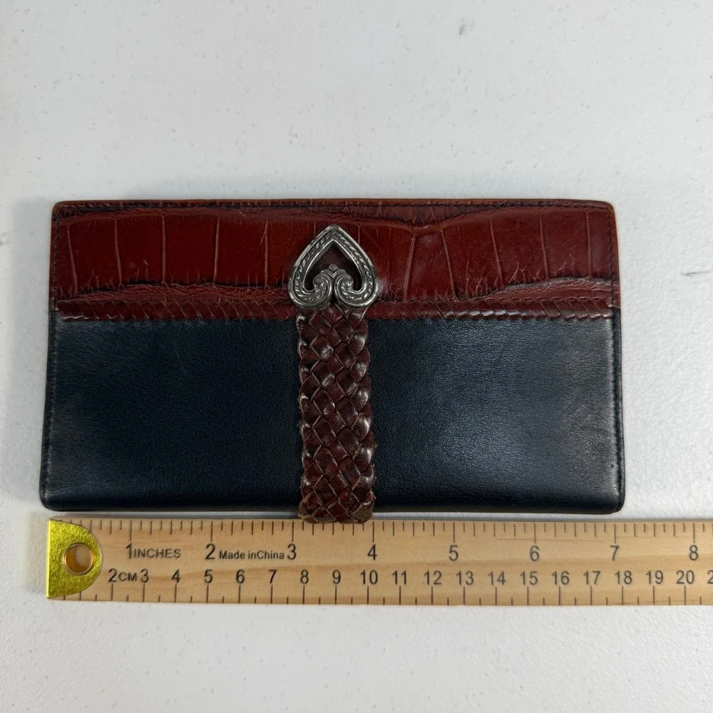 Brighton‎ OS Wallet Tri-Fold Western Heart Braided Croc Leather Black Brown Vtg